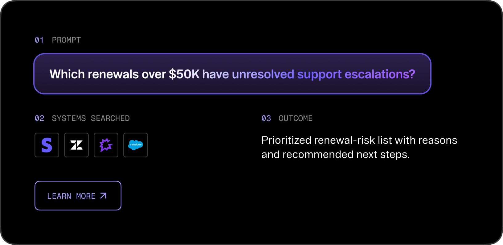 Customer Success use case: prompt about renewals over $50K with support escalations, systems searched, and prioritized renewal-risk outcome.