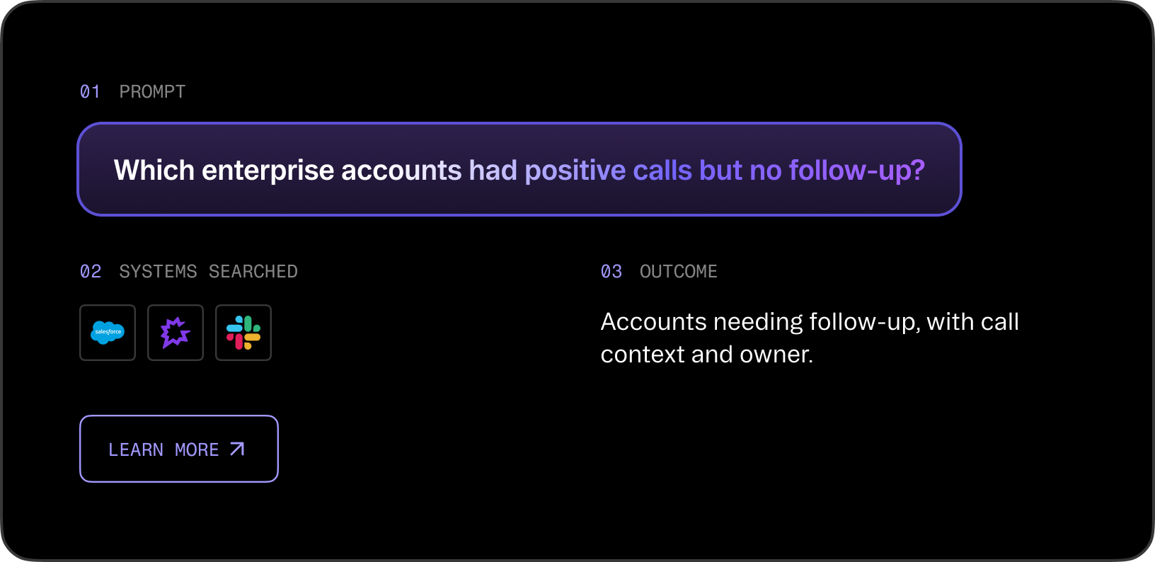 Sales use case: Q2 pipeline review prompt, connected systems, and flagged at-risk deals outcome.